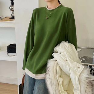 休闲加厚假两件德绒T恤打底衫韩国风时尚设计感时髦百搭深灰色绿