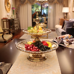 欧式玻璃双层果盘现代创意水果盘，干果盘家用客厅茶几摆件奢华果盆