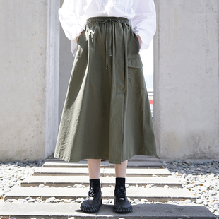 夏季薄款纯色军绿色日式口袋工装裙女日系复古半身裙高腰宽松裙子