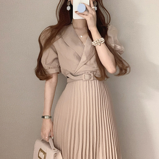 韩国chic夏季法式气质西装领系带收腰显瘦泡泡袖百褶连衣裙配腰带