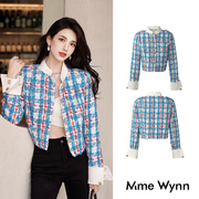 设计师品牌 Mme wynn蓝色拼色小香风立领外套单排扣长袖短款外套