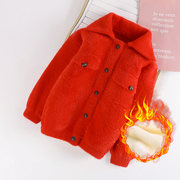 4岁6男童女童毛衣外套开衫，红色秋冬装儿童宝宝加绒加厚水貂绒