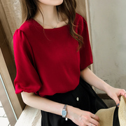 红色雪纺衬衫女夏2023设计感小众泡泡袖，短袖上衣宽松洋气小衫
