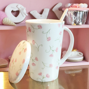 可微波炉骨瓷马克杯带盖带勺杯子女陶瓷早餐牛奶杯可爱儿童喝水杯