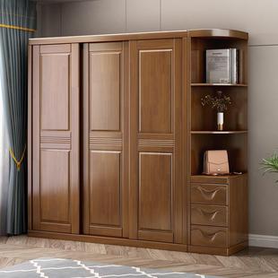 中式实木大衣柜三门推拉门大容量，衣柜卧室经济型橡木衣橱卧室家具