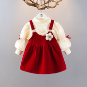 女童连衣裙秋冬时髦2件套裙3岁公主裙洋气加绒套装，女宝宝周岁礼服