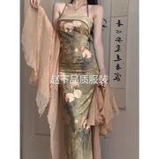 新中式改良版旗袍年轻款少女中国风复古油画，挂脖吊带抹胸连衣裙女