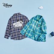 迪士尼男童秋季百搭潮流大格纹水蓝色长袖衬衫