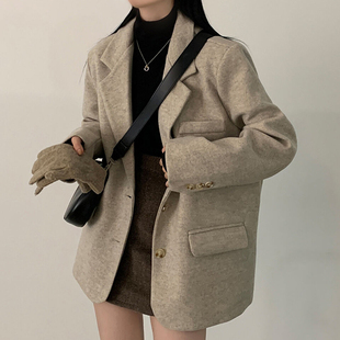 韩国chic冬季复古气质，西装领单排扣宽松百搭加厚保暖毛呢外套女