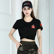 CHINA中国短袖T恤夏季女士纯棉黑色修身刺绣五角星红旗体恤衫