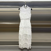 法式小众性感风立领无袖连衣裙，拼接流苏设计感镂空白色时髦礼服裙
