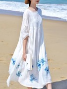 双层苎麻连衣裙女夏季新慵懒(新慵懒)风棉麻，袍子蓝染宽松仙女长裙白色裙子
