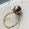 18k大溪地黑珍珠戒指天然海水珍珠金镶钻石正圆，强光孔雀绿时尚