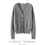 萨琪尼100%纯羊绒V领针织开衫女毛衣纯色马甲开衫两件套秋冬