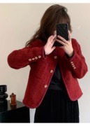 酒红色小香风羽绒短外套，女2023秋冬款新年红色，圣诞气质高级感上衣
