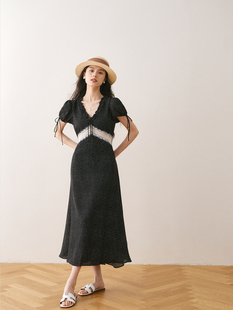法式复古蕾丝波点连衣裙2023夏设计感气质高端显瘦黑色裙子T