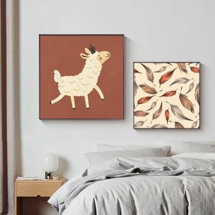 北欧卧室装饰画可爱卡通，羊驼动物儿童房男孩女孩，床头挂画客厅壁画