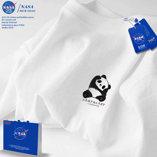 NASA联名熊猫简约小众上衣男士短袖t恤夏季小清新纯棉宽松体恤女