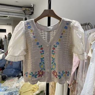韩版花朵刺绣假两件针织衫女装甜美减龄泡泡，袖小个子上衣夏季