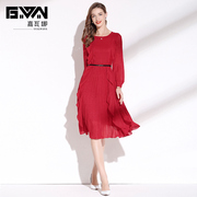 红色长袖连衣裙2024女春装，百褶拼接收腰气质，雪纺打底裙中长款