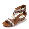 刺绣凉鞋女2024夏季波西米亚民族风复古流苏罗马坡跟旅游女鞋