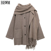 bbwm欧美女装时尚，宽松配围巾，短款针织大衣外套