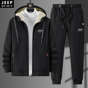 jeepspirit冬季男纯棉，羊羔绒卫衣保暖外套加绒加厚大码运动套装