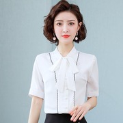 2023夏装韩版通勤蝴蝶结，短袖衬衫女士，上衣设计感小众轻熟衬衣