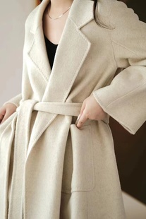 2023秋冬粉色米白色，双面羊绒大衣女，中长款系带宽松毛呢外套