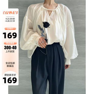 ayingjia法式镂空v领长袖衬衫女设计感小众高级感宽松显瘦上衣春