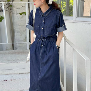 韩国chic夏季复古翻领口袋明线设计系带卷边短袖水洗牛仔连衣裙女