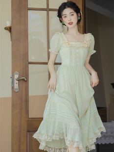 夏季女装法式宫廷甜美软奶绿全棉，提花清新娃娃连衣裙仙气田园