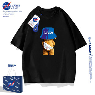 NASA联名2024黑色潮牌小熊T恤男夏季宽松纯棉男女情侣装上衣