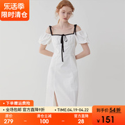 范洛2024夏季法式复古方领连衣裙女高腰显瘦白色泡泡袖长裙子