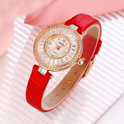 瑞士时刻美时尚优雅女士手表红色皮带满钻时装防水女装表