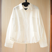 韩版下摆松紧设计大口袋落肩宽松纯棉长袖白衬衫2024春装衬衣女新