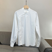 白色设计感小众长袖纯棉新中式女士衬衫外套中式斜襟盘扣灯笼袖棉