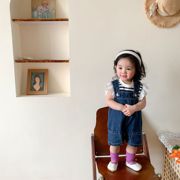 2023夏韩版女婴童宝宝条纹，蕾丝飞袖短袖，t恤背带短裤两件套装