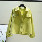 春秋嫩黄色灯芯绒，短款工装衬衫女2023韩版小个子法式上衣外套