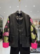 提花拼接袖pu皮外套，女春季新中式国风，立领盘扣显瘦皮衣0.57