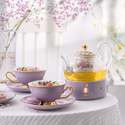 日式高档下午茶陶瓷玻璃花茶具套装，客厅水果茶壶带过滤蜡烛加热