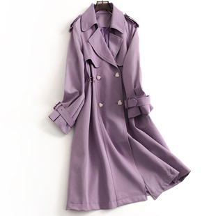 紫色爱心双排扣英伦风翻领收腰修身显瘦外套长袖中长款女风衣M603