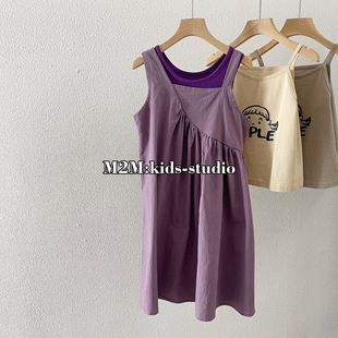 M2M韩版夏季女童纯色宽松连衣裙长裙 紫色两件套连衣裙