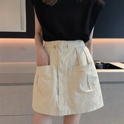 欧货军绿色工装半身裙女夏季新款抽绳松紧高腰大口袋百搭显瘦短裙