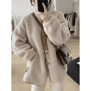 秋冬季韩版宽松羊羔毛绒外套，女设计感小众慵懒风复古加绒加厚棉袄