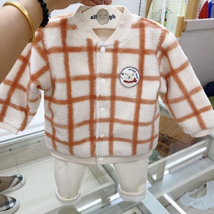 韩国22年秋冬款男女宝宝童装橙色格子毛毛加棉外套加绒裤可爱套装