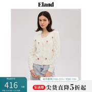 Eland衣恋针织开衫女长袖短款花朵薄毛衫外套甜美风春