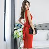 夏装2022女韩版修身无袖连衣裙红色性感露背荷叶边开叉包臀裙