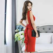 夏装2024女韩版修身无袖，连衣裙红色性感露背荷叶，边开叉包臀裙