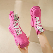 欧洲站粉色马丁靴女厚底，2023年冬季百搭真皮，系带增高中筒短靴